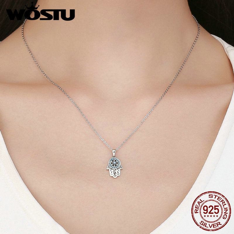 WOSTU Real 925 Sterling Silver Hand Of Fatima Hamsa Pendant Choker Necklace For Women Fashion bijoux Jewelry Gift CQN264