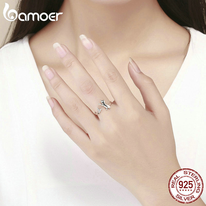 BAMOER Authentic 925 Sterling Silver Butterfly Tail Cat Adjustable Finger Rings for Women Sterling Silver Ring Jewelry SCR443