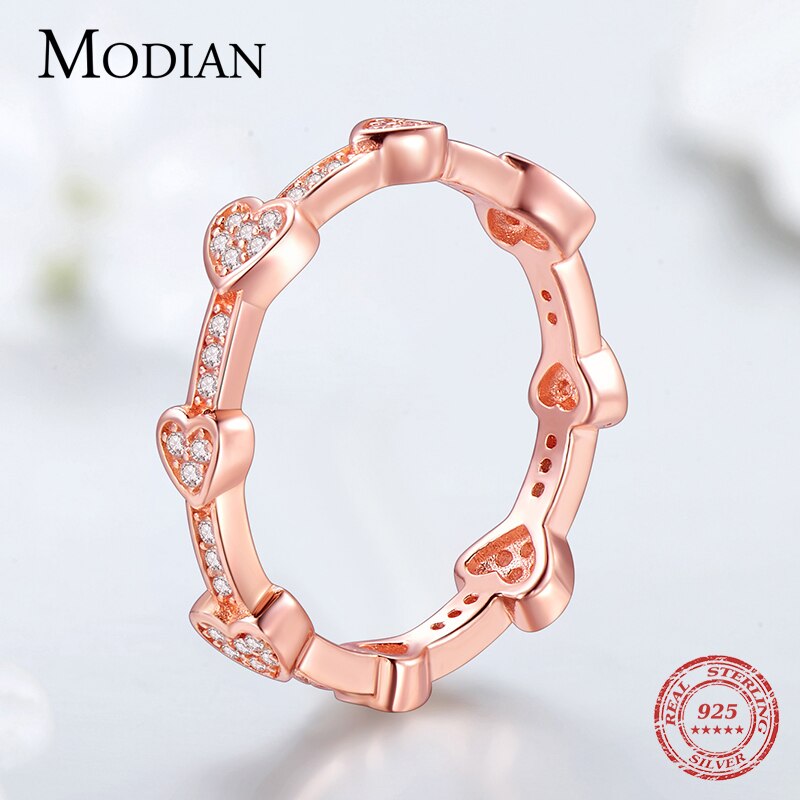 Modian 100% Genuine 925 Sterling Silver Rose Gold Color Ring Fashion Hearts Love Zircon Finger Rings For Women Wedding Jewelry