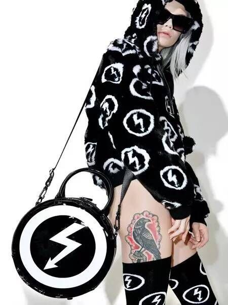 JIEROTYX Women Lady Girl Punk Dark Skull Head Thunder Flash Printed Gothic Cross Body MOON Messenger Bag Round Handbag Harajuku