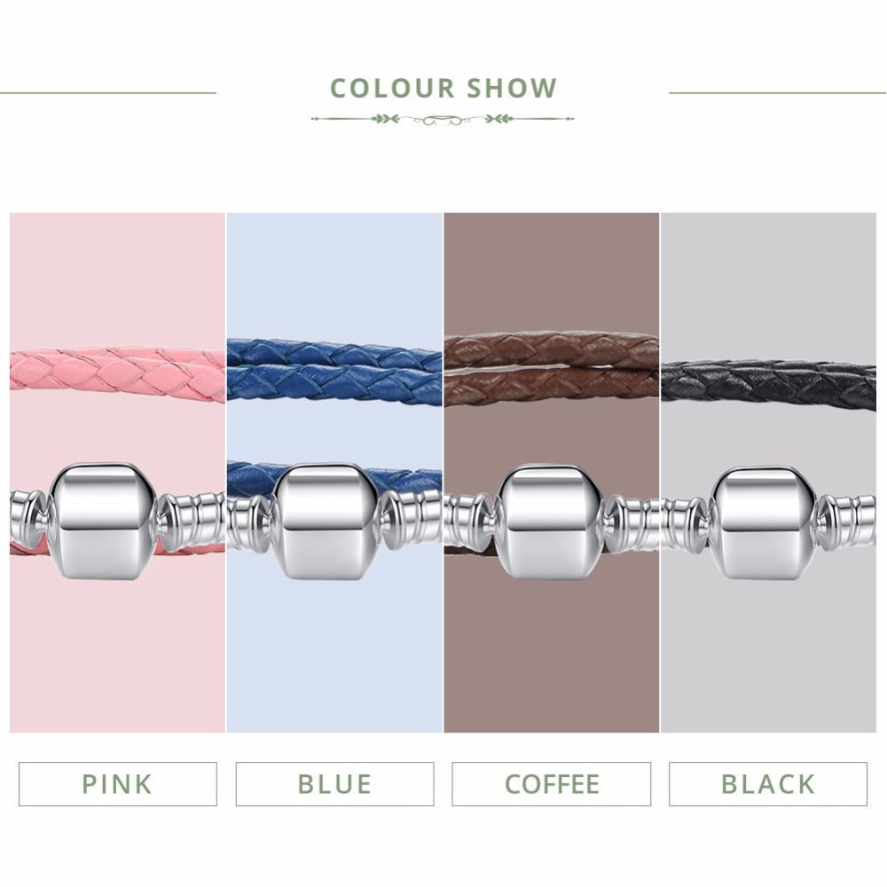 BAMOER Genuine Long Double Pink Black Braided Leather Chain Women Bracelets with 925 Sterling Silver Snake Clasp PAS908