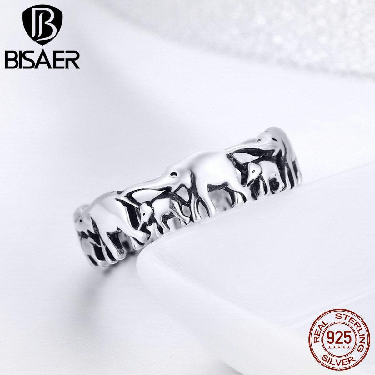 BISAER 925 Sterling Silver Anel Party Vintage Silver Animal Ring Stackable Elephant Finger Ring Women Wedding Jewelry ECR344