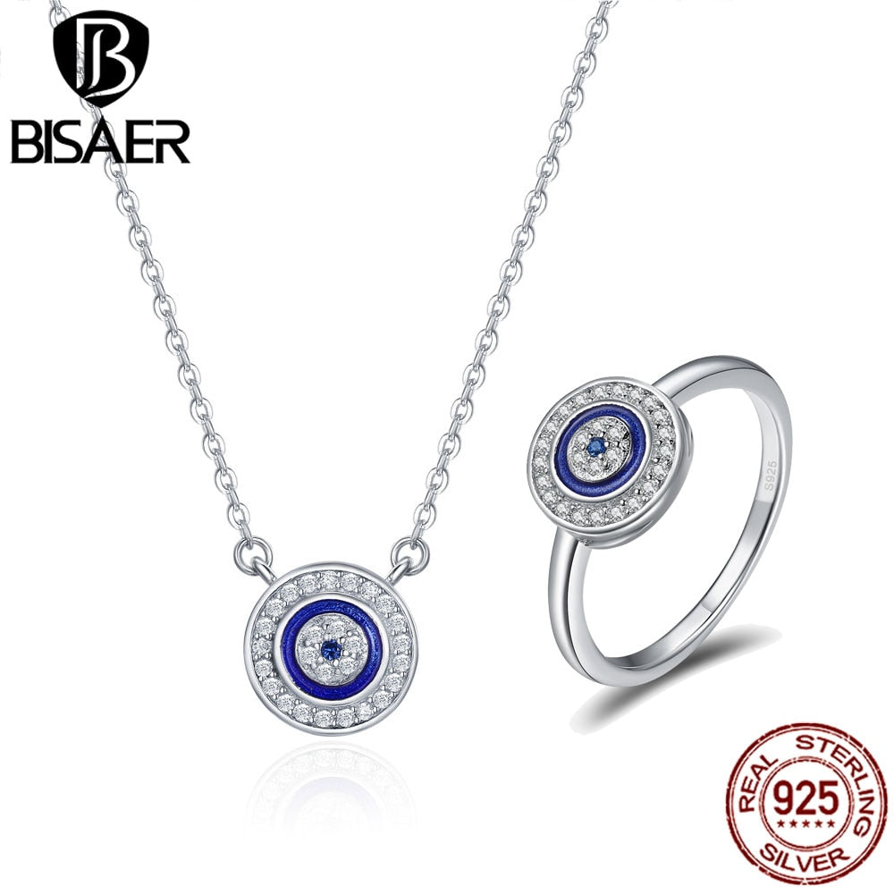 BISAER Jewelry Set 925 Sterling Silver Guardian Evil Eyes Women Lucky Blue Eye Jewelry Sets Sterling Silver Jewelry Wedding Gift