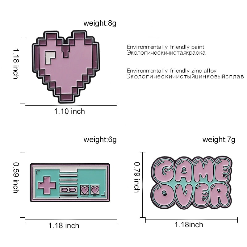 Pixel Game Enamel Pins Retro Game Badges Game Over Gamepad Heart Brooches Backpack Pin Brooch for Women Men Jewelry