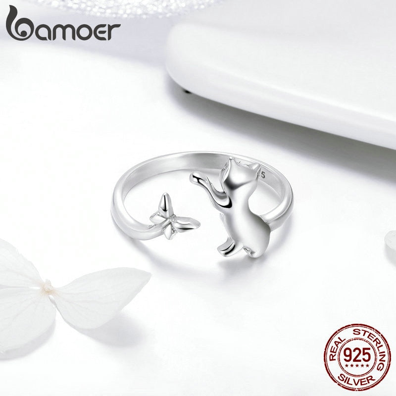 BAMOER Authentic 925 Sterling Silver Butterfly Tail Cat Adjustable Finger Rings for Women Sterling Silver Ring Jewelry SCR443