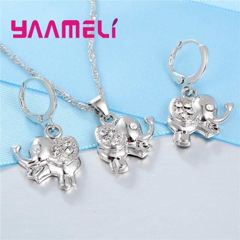 Newest Fine 925 Sterling Silver Jewelry Sets Shining Austrian Crystal CZ Elephant Design Necklace Earrings for Women Girl Gift