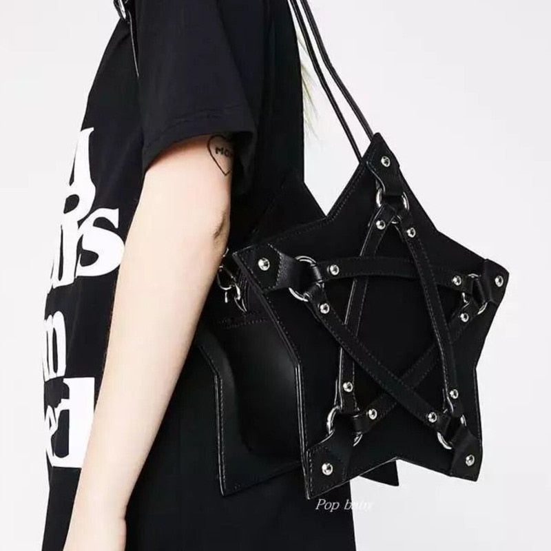 JIEROTYX Dark Gothic Pentagram Shoulder Bag Unisex Punk Designer Casual Totes Women Fashion Retro Handbag Gifts Black Leather