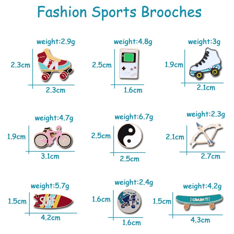 Trendy Sports Brooches Taoism Tai Chi Surfboard Skateboard Game Machine Roller shoes Bicycle Travel World Badges Pins Coin Gifts