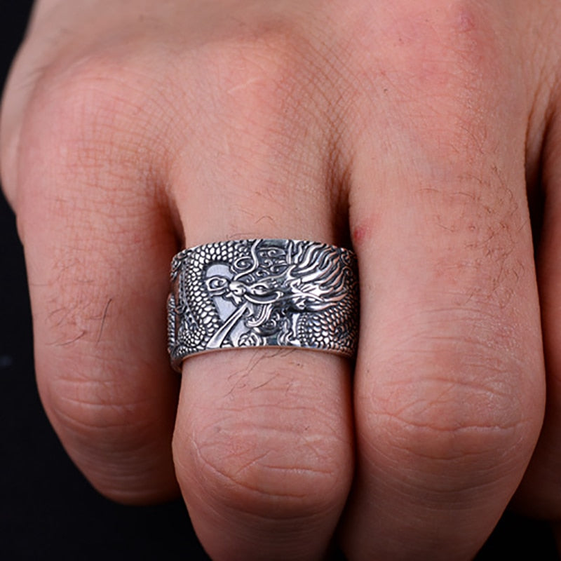 BALMORA Real 999 Pure Silver Dragon Buddhism Sutra Open Rings For Men Stacking Ring Vintage Cool Punk Finger Ring Jewelry Gift