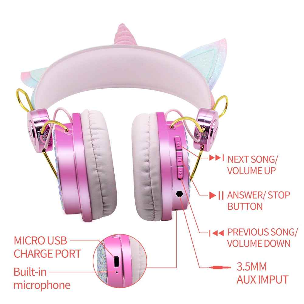 Cute Unicorn Headphones for Girls Kids Children Bluetooth Wireless Earphone with Mic Music Stereo Phone Helmet School Gifts