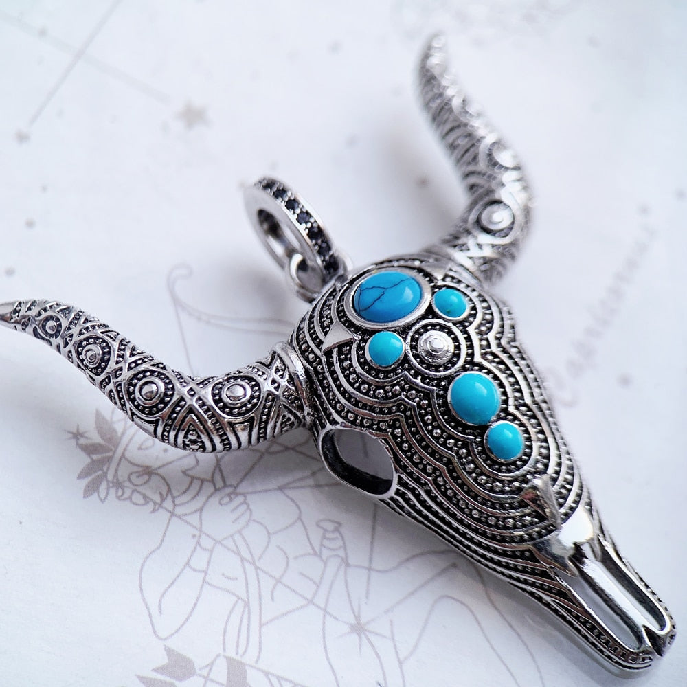 Pendant Blue Bull Head Skull Fashion Punk Ethnic Jewelry Europe 925 Sterling Silver Turquoise Rebel Gift For Woman &amp;amp; Men