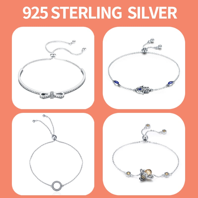 BISAER 925 Sterling Silver Snake Bracelet Blue Devil&amp;#39;s Eye Charm Snowflake Heart Chain Clasp Bangles For Women Jewelry 17-21CM