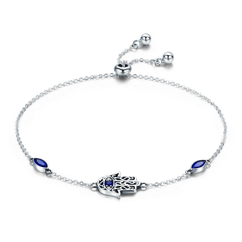 BISAER 925 Sterling Silver Snake Bracelet Blue Devil&amp;#39;s Eye Charm Snowflake Heart Chain Clasp Bangles For Women Jewelry 17-21CM