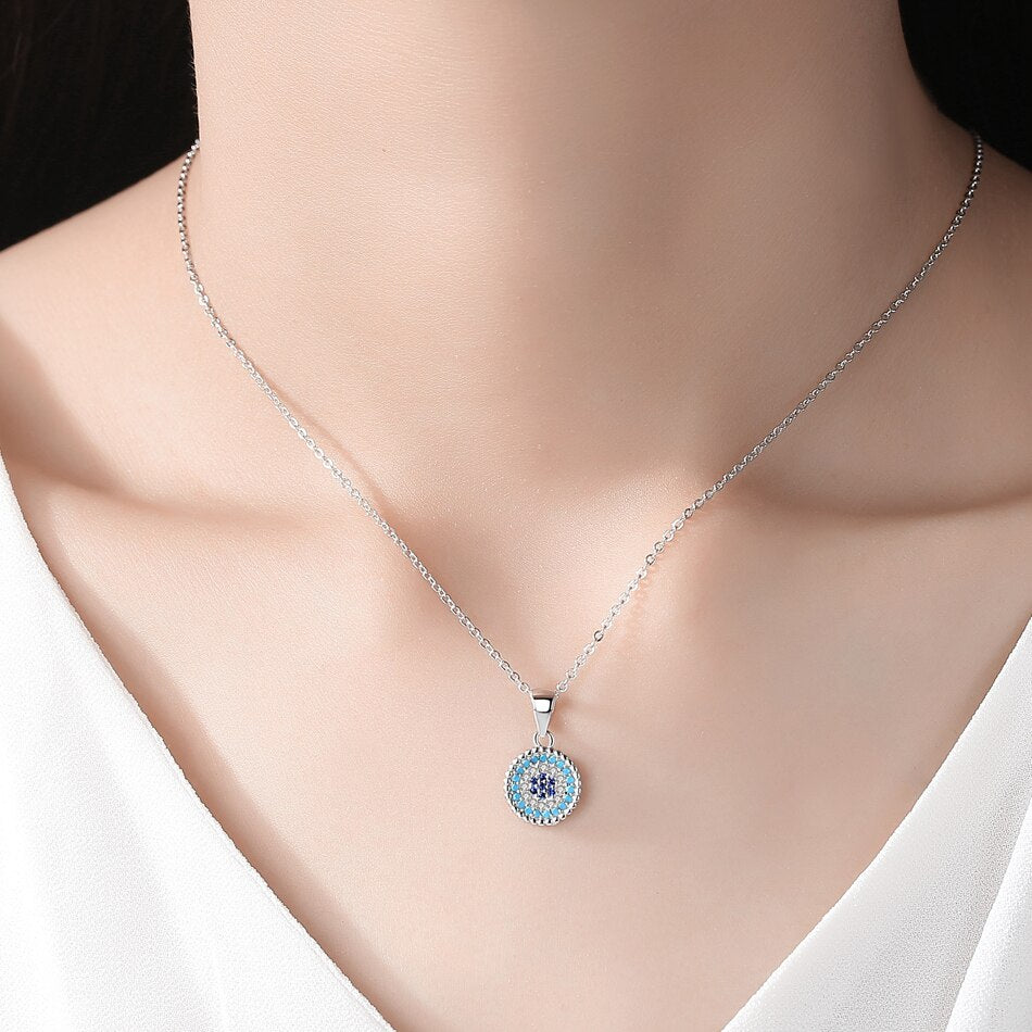 Kaletine Shinee Kpop Blue Stone Evil Eye 925 sterling silver Necklace Women Charm Round CZ Pendant Exo Accessories 2019 Fashion