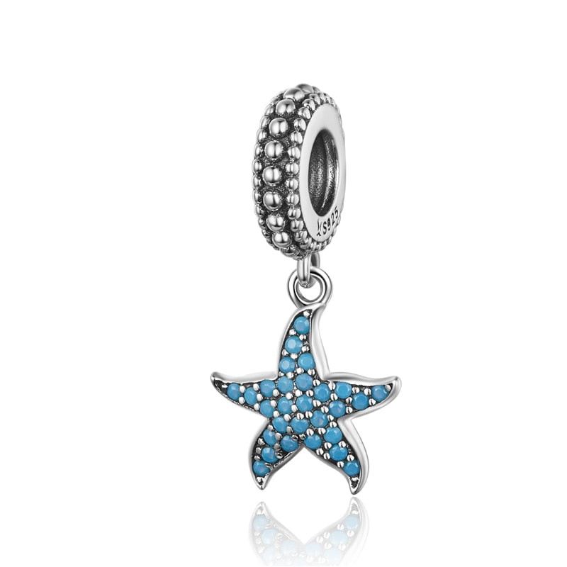 BISAER 925 Sterling Silver Vintage Starfish Moon Pendant Dreamcatcher Summer Sea Star Charm Beads Fit Bracelet Diy Fine Jewelry