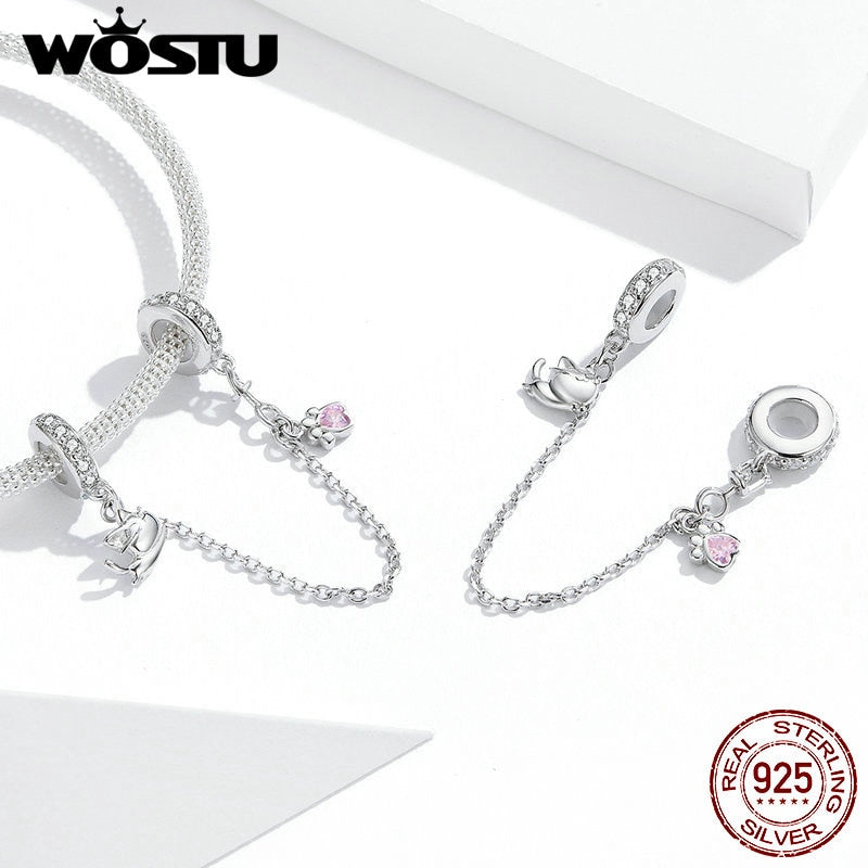 Safety Chain WOSTU 925 Sterling Silver Pet Cat Claw Footprints Stopper Beads Charms for Original Silver Bracelet Jewelry CTC243