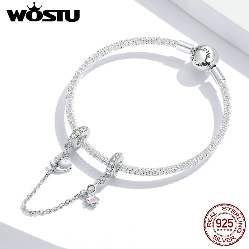 Safety Chain WOSTU 925 Sterling Silver Pet Cat Claw Footprints Stopper Beads Charms for Original Silver Bracelet Jewelry CTC243