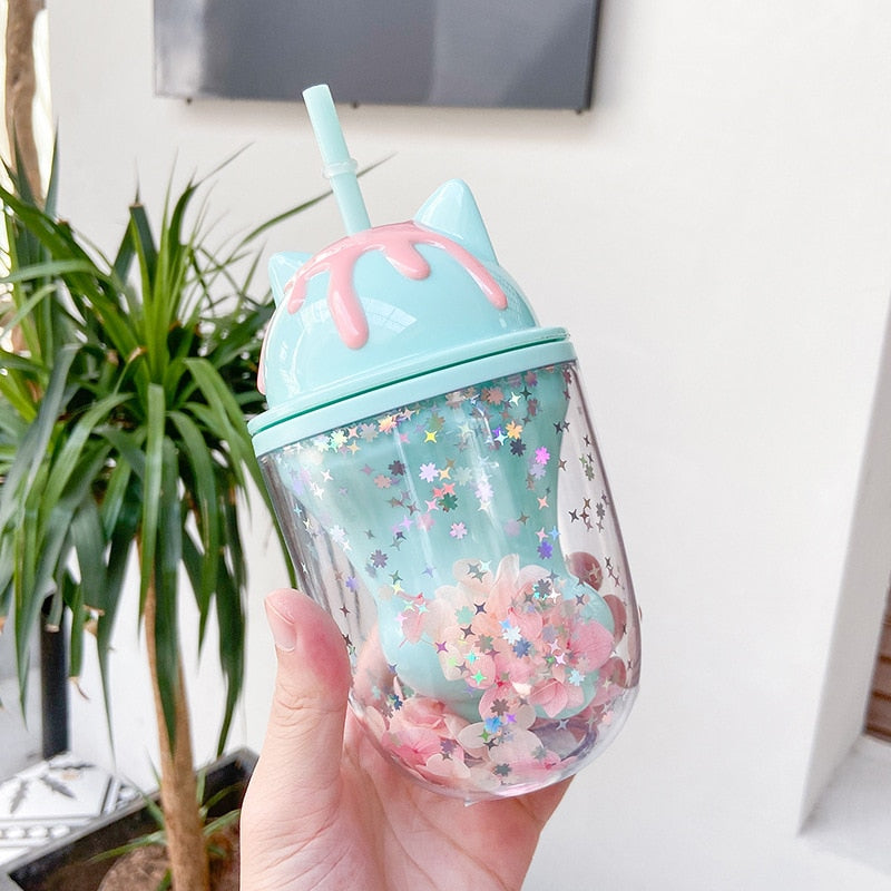 Water bottle cute personality cat paw plastic cup cute cartoon ins photo posing creative straw cup gift office school home