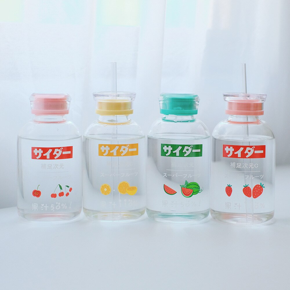 450ml Cartoon Fruit Lovely Kids Straw Water Bottle Portable Fashion Glass Water Bottles Creative Double Lid Clear Drinking Cups