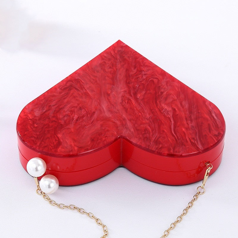 Unique Designer Acrylic Clutch Fashion Cute Red Heart Shape Pearl Chain Party Evening bag Women Shoulder Bags Hot Handbag Purses