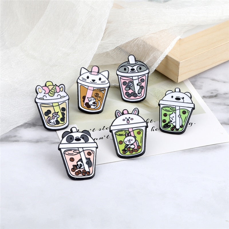 Alfileres esmaltados de té de burbujas para niños, broche de té de leche de dibujos animados con animales, Panda, gatos, insignia de unicornio, chaqueta, mochila, regalos de joyería