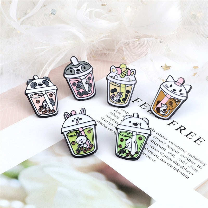 Alfileres esmaltados de té de burbujas para niños, broche de té de leche de dibujos animados con animales, Panda, gatos, insignia de unicornio, chaqueta, mochila, regalos de joyería