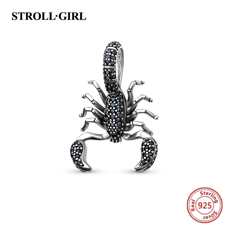 Fine Animal Black Scorpion Pendant with Black Charm 925 Silver Sterling Beads Fit Original European Bracelet Jewelry Gift