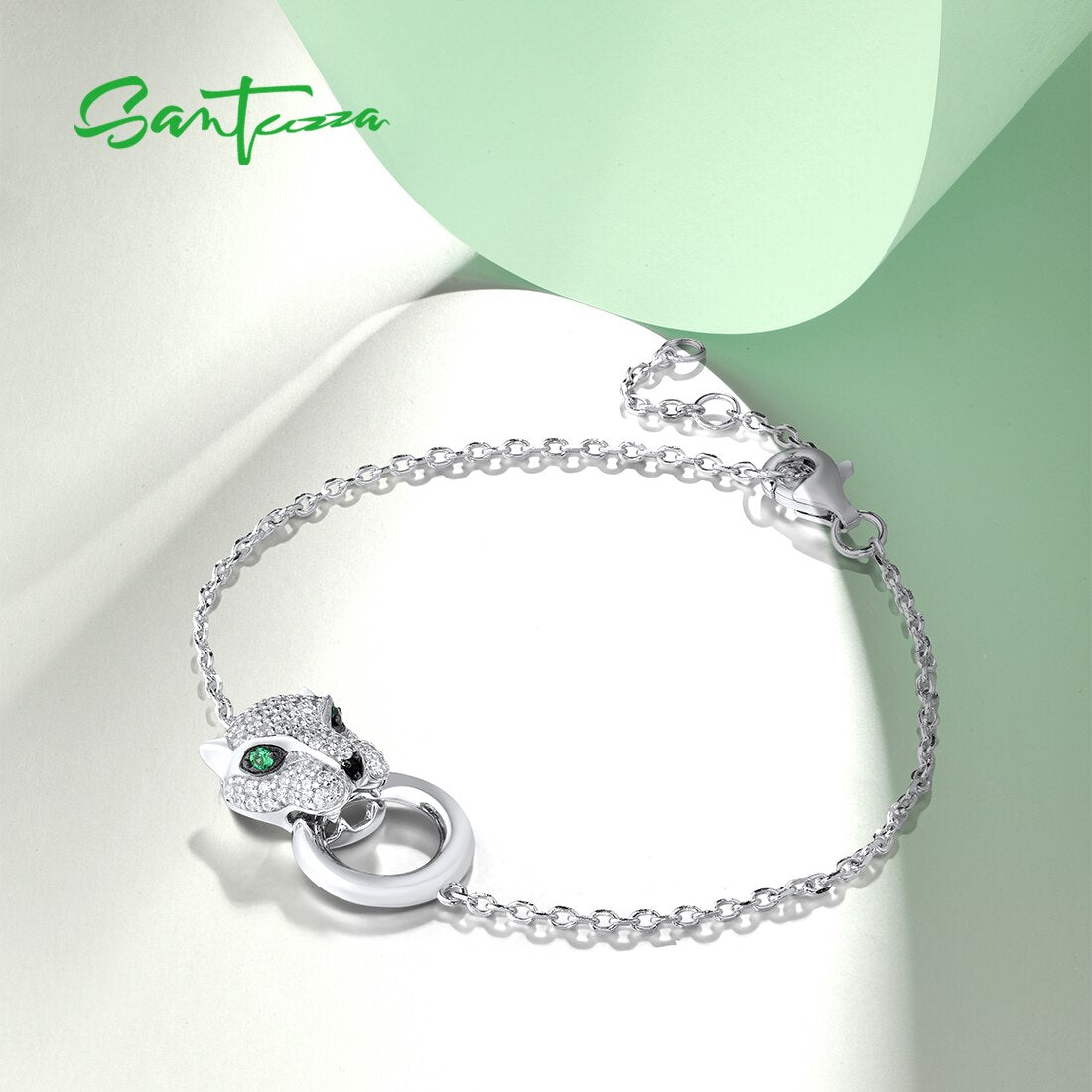 SANTUZZA 100% 925 Sterling Silver Bracelet For Women Leopard Panther Green Black Spinel White Zirconia Adjustable Fine Jewelry