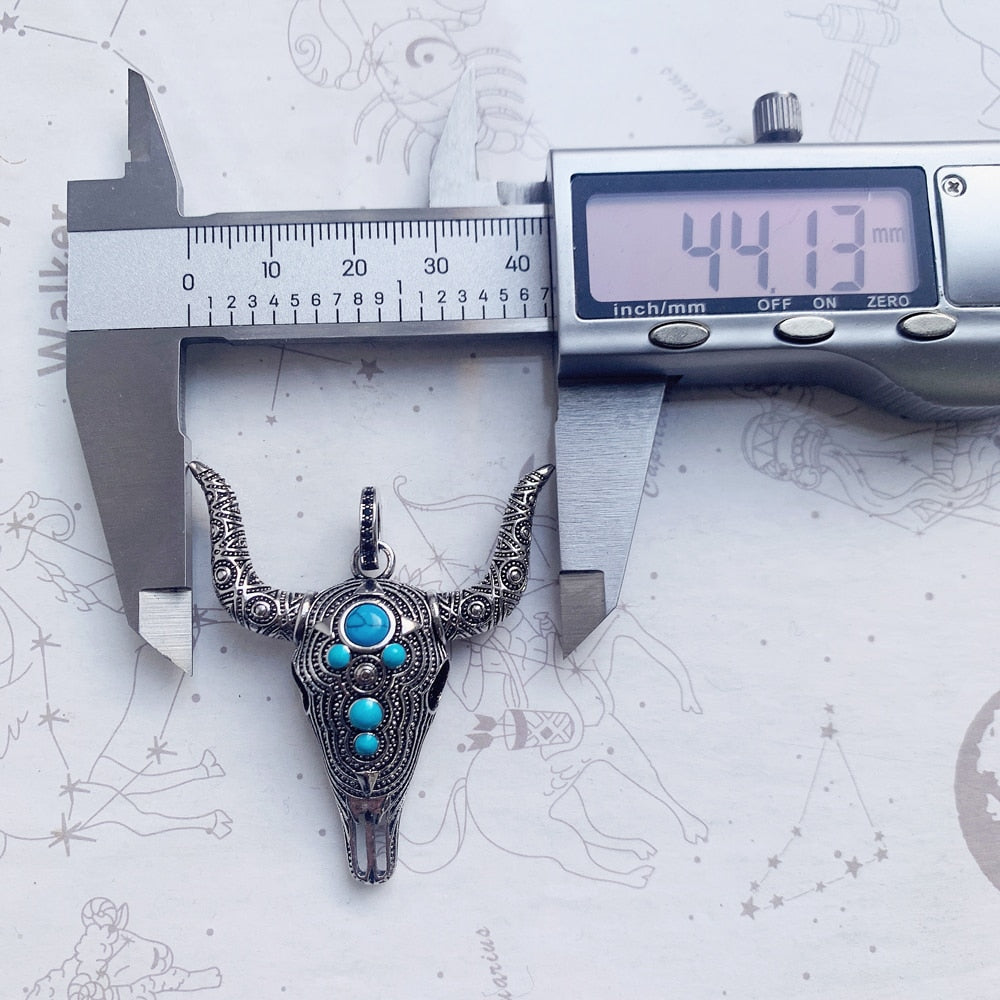 Pendant Blue Bull Head Skull Fashion Punk Ethnic Jewelry Europe 925 Sterling Silver Turquoise Rebel Gift For Woman &amp;amp; Men