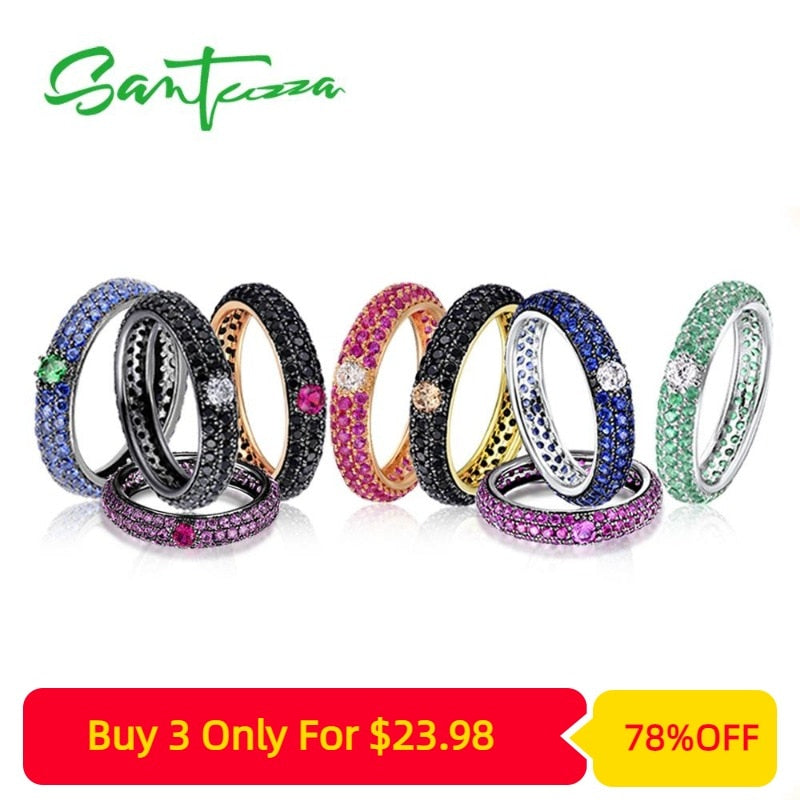 SANTUZZA Silver Ring For Women Multi-color Stones Stackable Eternity Rings 925 Sterling Silver Party Trendy Fashion Jewelry