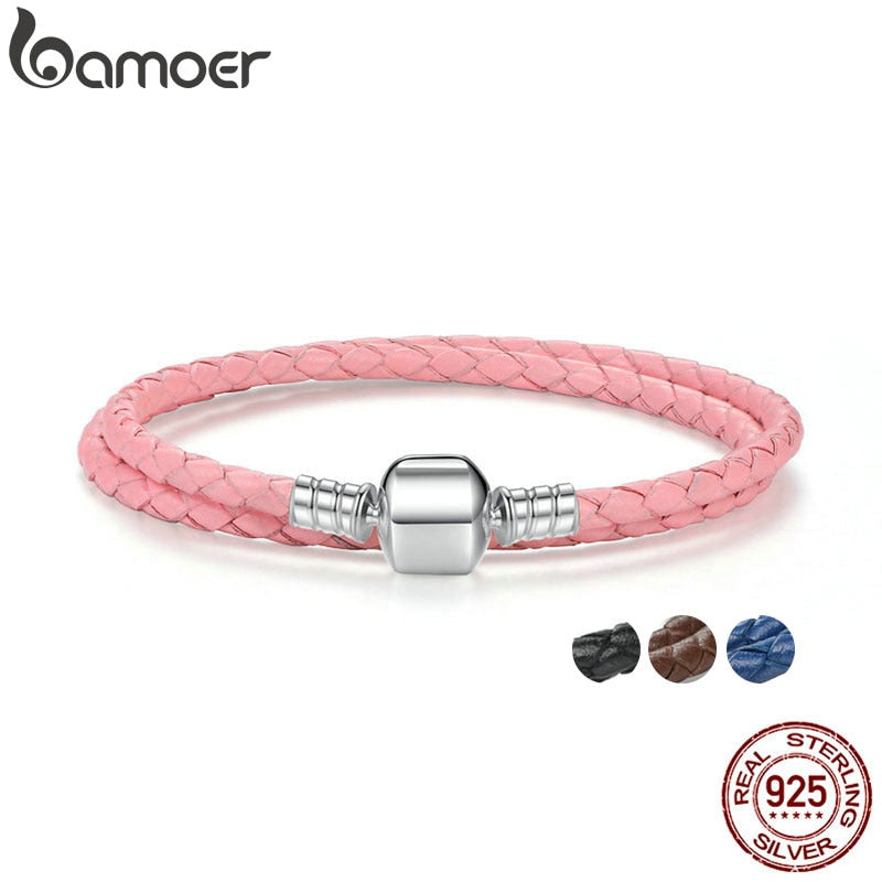 BAMOER Genuine Long Double Pink Black Braided Leather Chain Women Bracelets with 925 Sterling Silver Snake Clasp PAS908