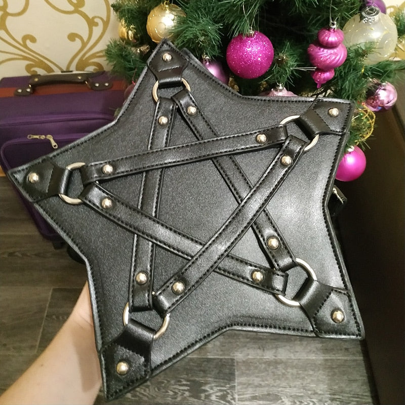 JIEROTYX Dark Gothic Pentagram Shoulder Bag Unisex Punk Designer Casual Totes Women Fashion Retro Handbag Gifts Black Leather