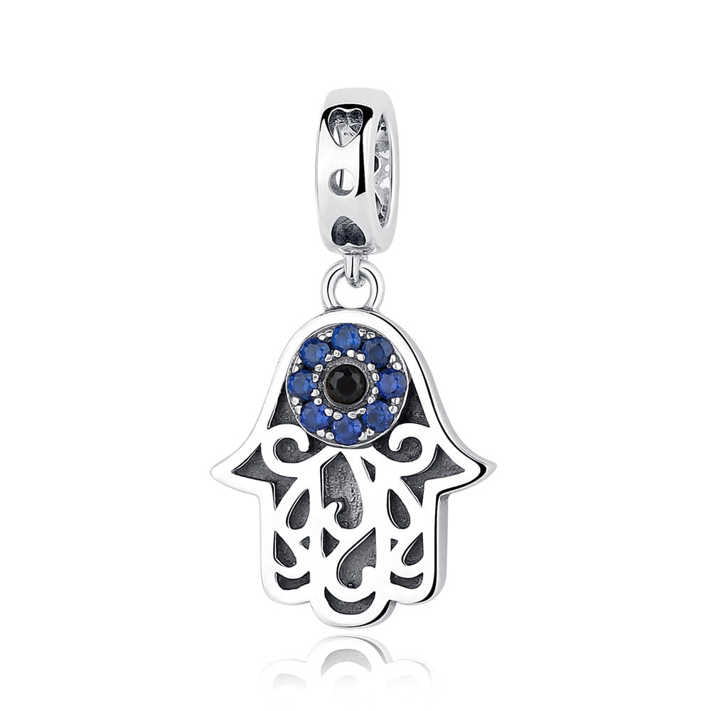 BISAER 925 Sterling Silver Vintage Blue Demon Eye Charm Bead Hand of Fatima Pendant Fit Woman Original Bracelet Fine DIY Jewelry