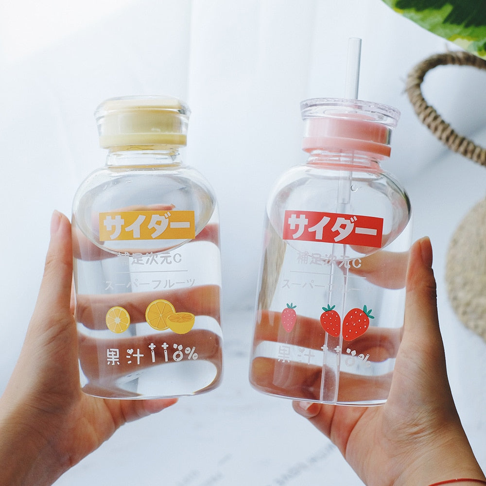 450ml Cartoon Fruit Lovely Kids Straw Water Bottle Portable Fashion Glass Water Bottles Creative Double Lid Clear Drinking Cups