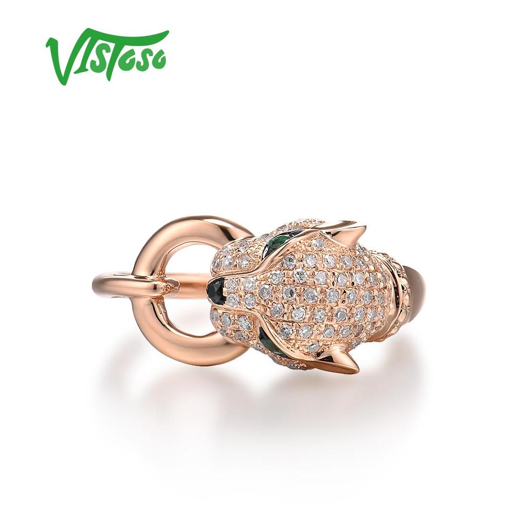 VISTOSO Gold Ring For Women Genuine 14K 585 Rose Gold Leopard Ring Emerald Sparkling Diamond Engagement Anniversary Fine Jewelry