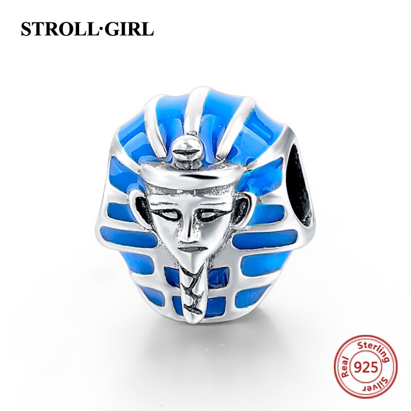 925 Sterling Silver Blue Enamel Human Face Charms Sphinx Egypt Beads Fit Authentic European Bracelet For Women Diy Fine Jewelry