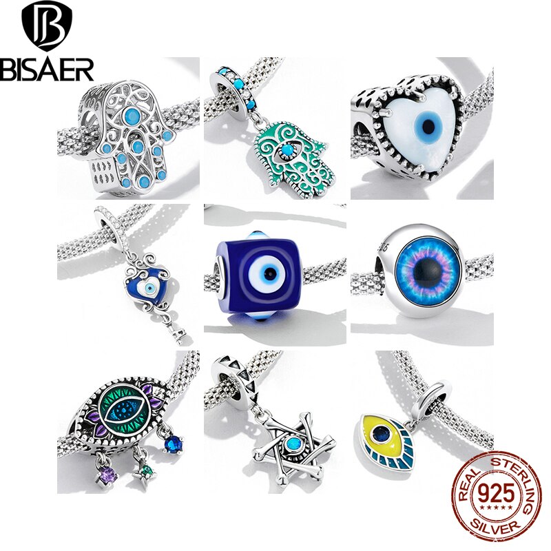 BISAER 925 Sterling Silver Vintage Blue Demon Eye Charm Bead Hand of Fatima Pendant Fit Woman Original Bracelet Fine DIY Jewelry