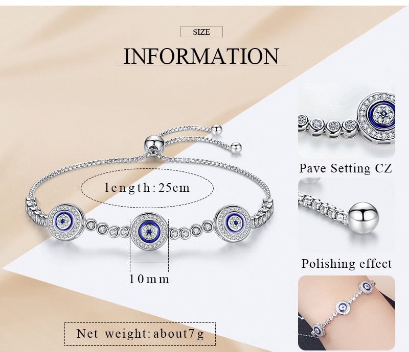 Women Evil Eye Lucky Hamsa Bracelet Genuine 925 Sterling Silver Men Luxury Round Blue Eyes CZ Crystal Tennis Bracelet KLTB014