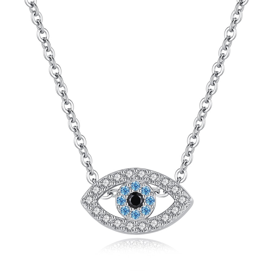 KALETINE Fashion Charm 925 Sterling Silver Necklace Luck Turkey Blue Evil Eye Blue Rhinestone Eye Choker Necklace For Women