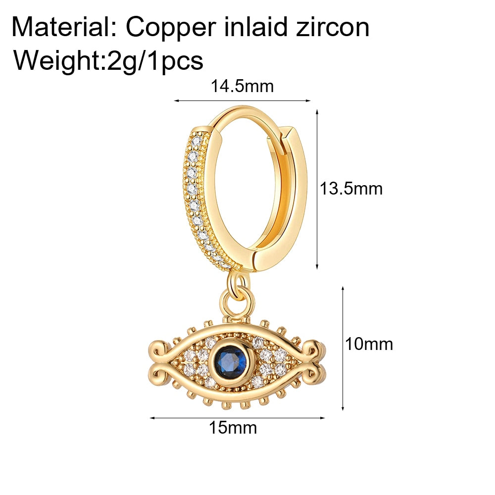 Cute Heart Turkish Evil Blue Eye Hoop Earrings for Women Gold New In 1pcs Single Ear Ring Zircon Korean Fashion Free Shipping