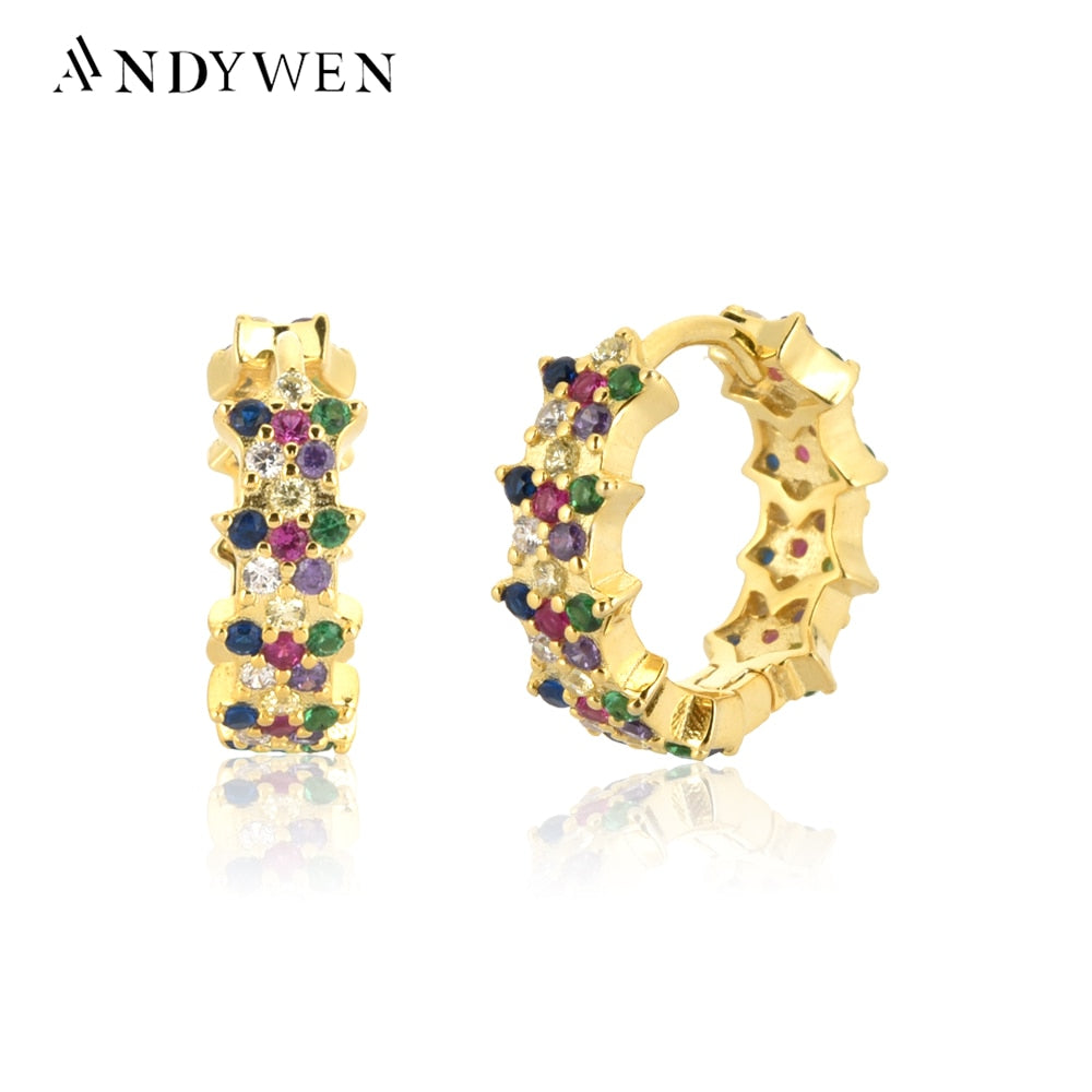 ANDYWEN 925 Sterling Silver Gold Rainbow Zircon Hoops Black CZ Crystal Huggies Circle Flower Loops Piercing Luxury Jewelry