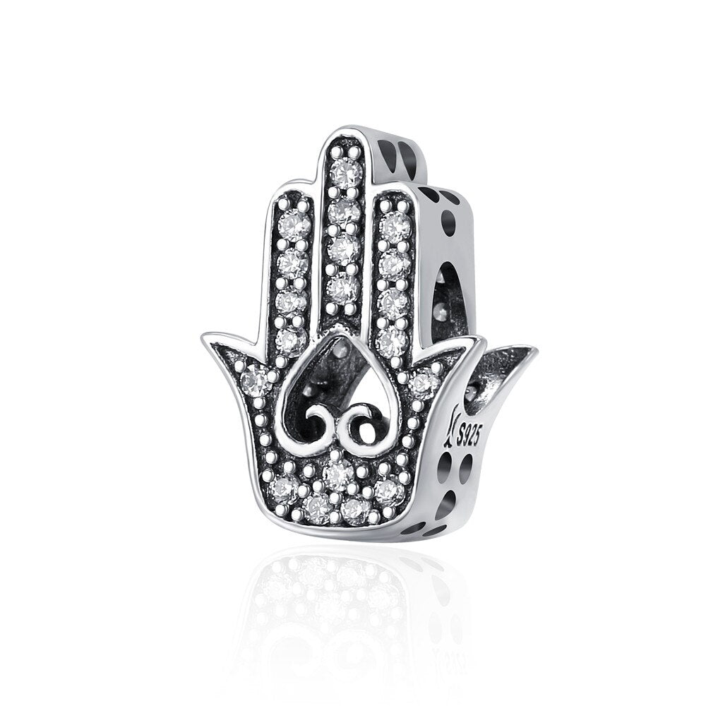 BISAER 925 Sterling Silver Bizarre Eye Charm Hand of Fatima Pendant  Pattern Blue Zircon Bead Fit Diy Bracelet Necklace Jewelry