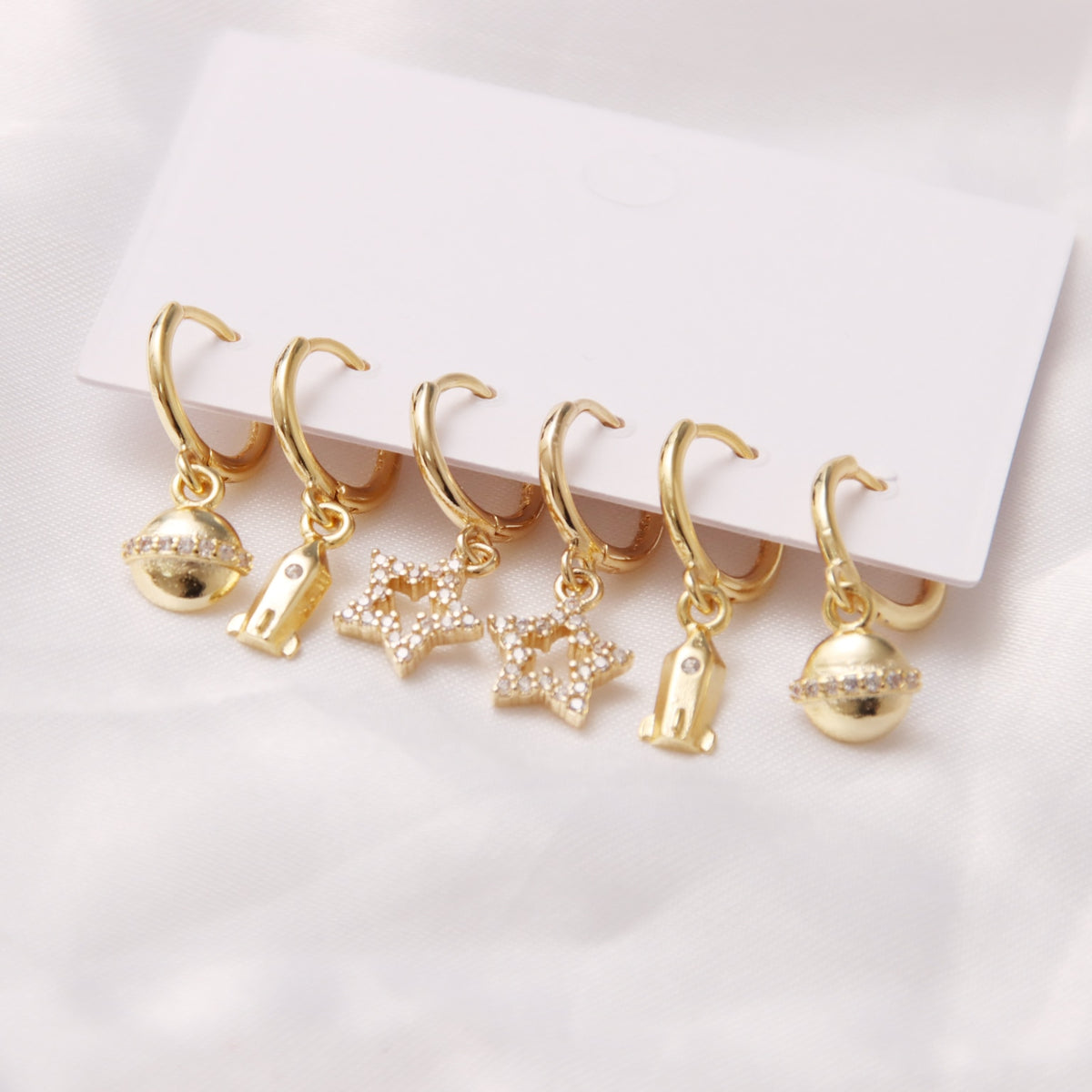 6 Pcs Fashion Exquisite Pearl Star Moon Enamel Zircon Dangle Earrings Set Korean Style Small Hoop Earring For Women Jewelry Gift