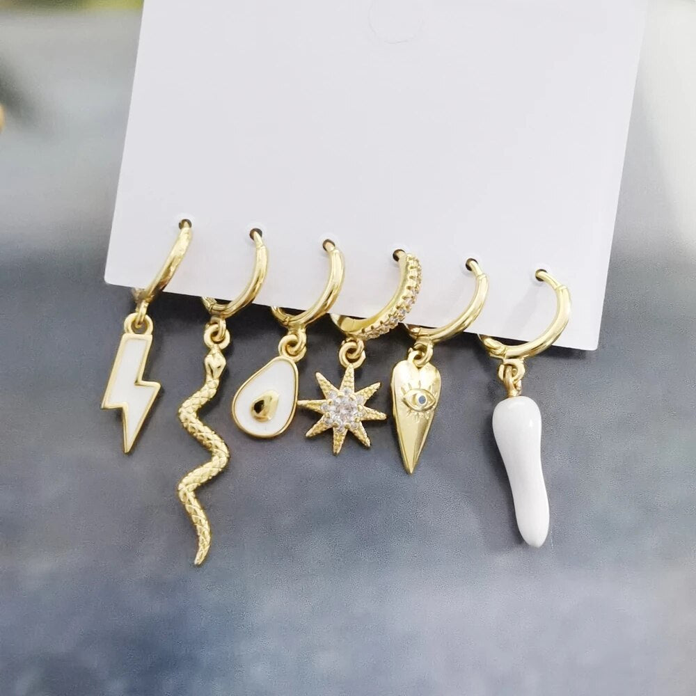 6 Pcs Fashion Exquisite Pearl Star Moon Enamel Zircon Dangle Earrings Set Korean Style Small Hoop Earring For Women Jewelry Gift