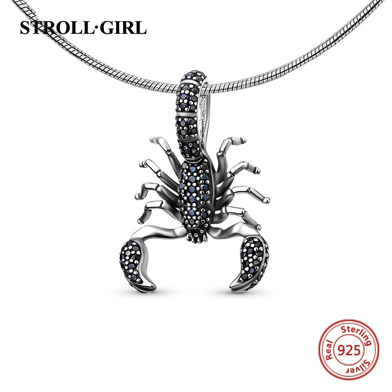 Fine Animal Black Scorpion Pendant with Black Charm 925 Silver Sterling Beads Fit Original European Bracelet Jewelry Gift