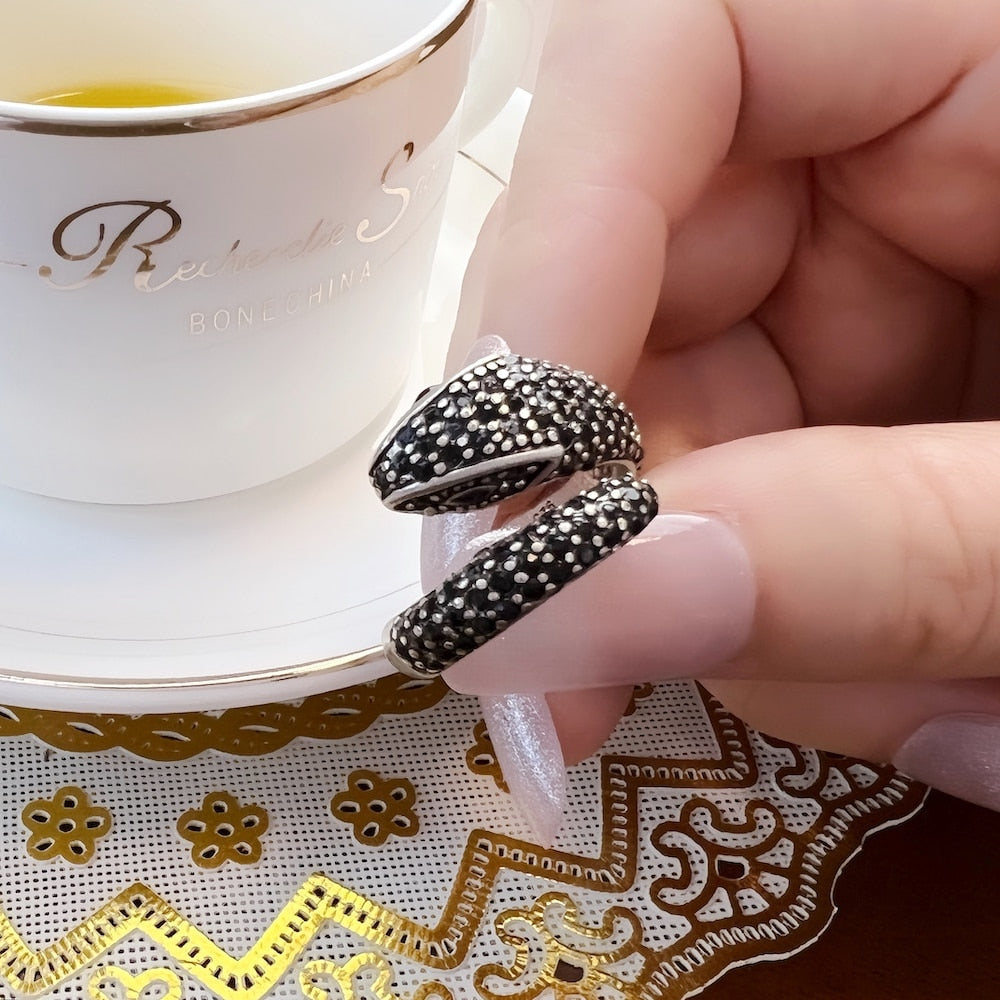 Open-end Black Snake Ring,Europe Style Glam Fine Jewerly For Women Gift In 925 Sterling Silver