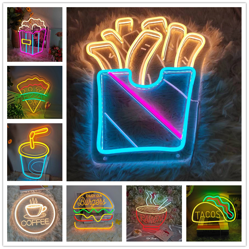 Fries Hot Dog Hamburger Shaped Neon Sign Food Neon Light for Home Night Lamp for Restaurant Bar Beer Window Shop Room Decoration