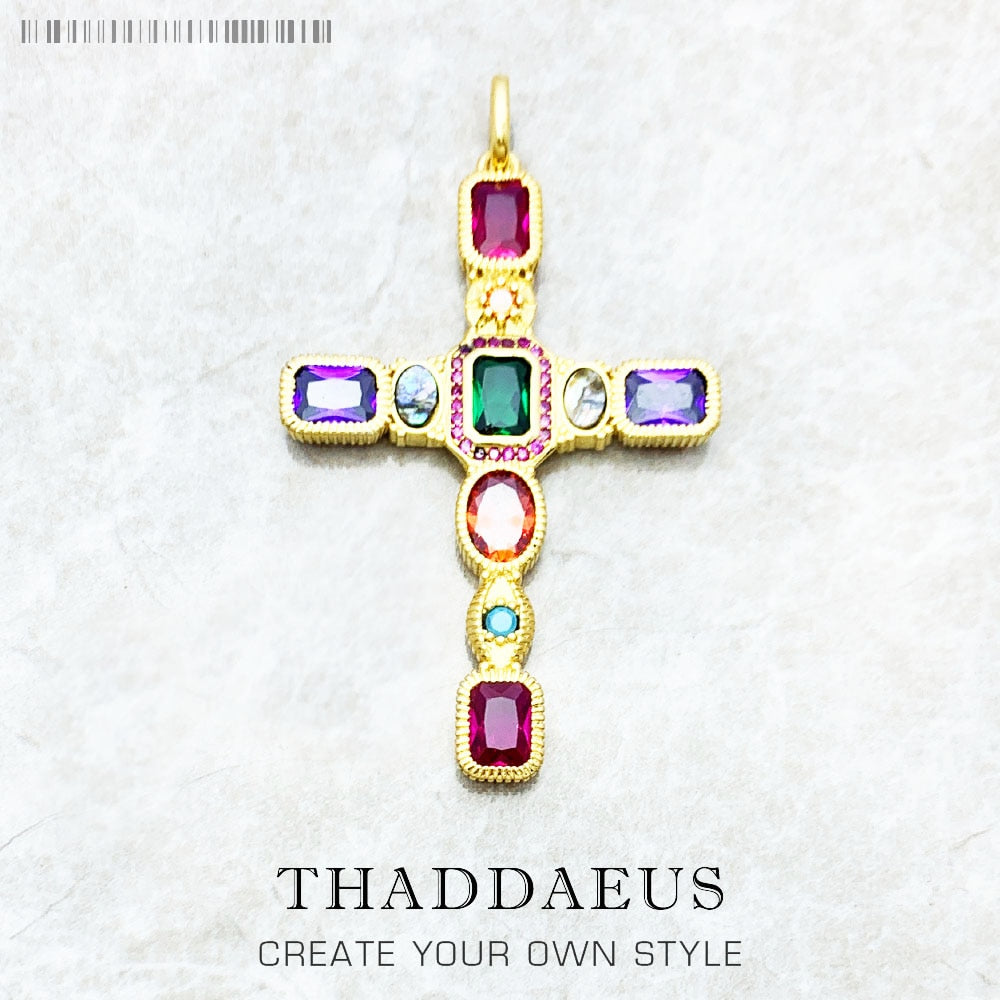 Golden Colourful Cross Pendant Brand New Fashion Jewelry Europe 925 Sterling Silver Vintage Gift For Woman