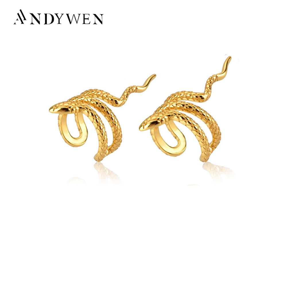 ANDYWEN 925 Sterling Silver Gold Rock Punk Snake Earcuff No Piercing Clips Ear Cuff Women Luxury Fine Cuff Earring Jewelry