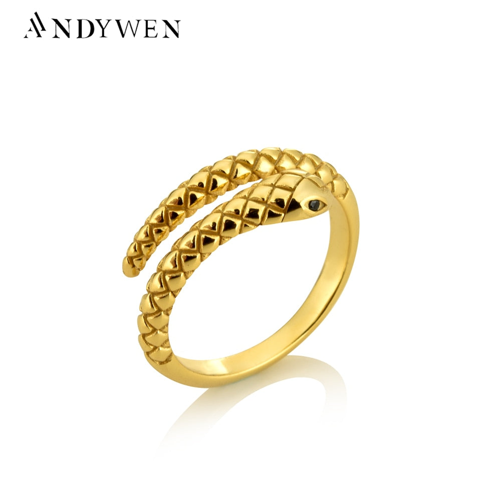 ANDYWEN 925 Sterling Silver Gold Snake Resizable Ring Adjustable Animal Women Luxury Rock Punk Slim Circle Round Jewelry